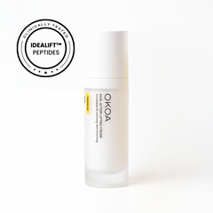 Skin tightening cream for face and neck: OKOA Dual Action Lifting Cream bottle with a Clinically Tested Idealift Peptides badge