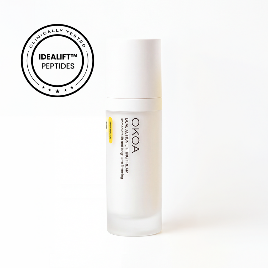 Neck firming cream: Okoaskin Dual Action Lifting Cream bottle with a Clinically Tested IDEALIFT Peptides badge